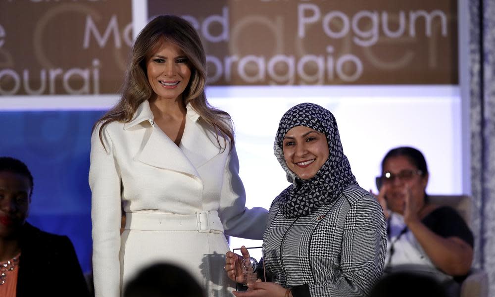 Melania Trump presents the 2017 secretary of state’s International Women of Courage award to Fadia Najib-Thabet who is from Yemen.