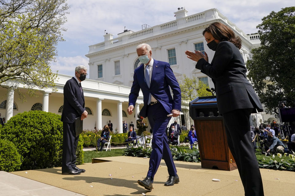 President Joe Biden, accompanied by Vice President Kamala Harris, right, and Attorney General Merrick Garland, left, departs after speaking about gun violence prevention in the Rose Garden at the White House, Thursday, April 8, 2021, in Washington. (AP Photo/Andrew Harnik)