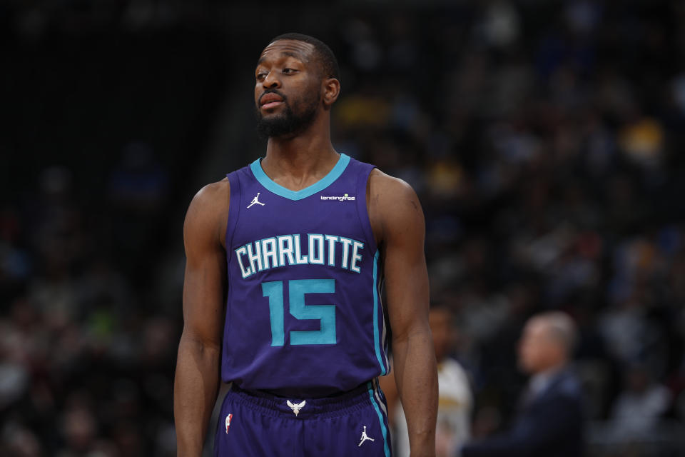 Charlotte Hornets guard Kemba Walker (15) in the second half of an NBA basketball game Monday, Feb. 5, 2018, in Denver. The Nuggets won 121-104. (AP Photo/David Zalubowski)