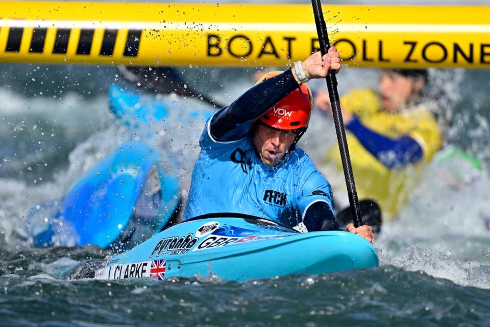 Joe Clarke of Great Britain competes in the Men’s Kayak Cross at the 2023 ICF Canoe Slalom World Cup slalom at Vaires-Sur-Marne Nautical Stadium (Getty Images)