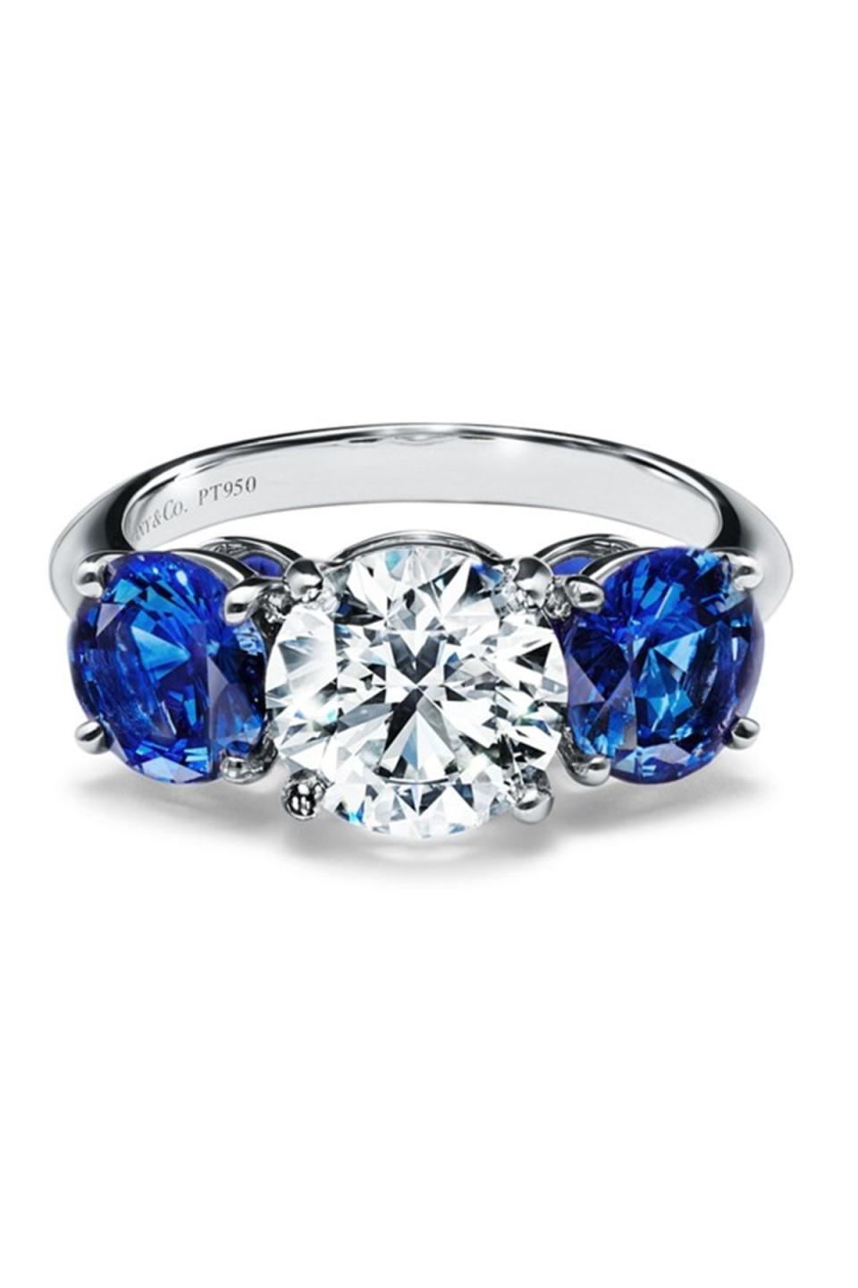 Tiffany Three Stone Engagement Ring with Sapphire Side Stones in Platinum