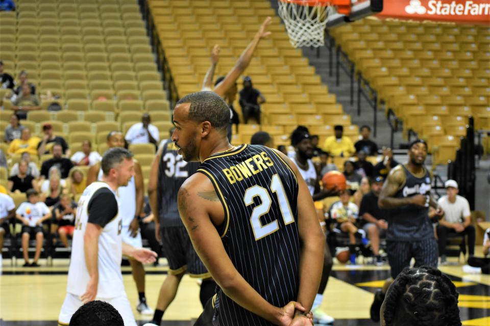 Laurence Bowers looks to the side as his 3-point shot falls during the Bowers-Carroll Mizzou Alumni Game on Saturday, July 16, 2022, at Mizzou Arena.