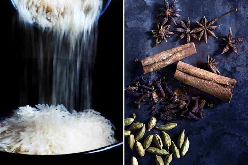 Grains of parboiled rice (left). Dry spices for the aromatics (right).