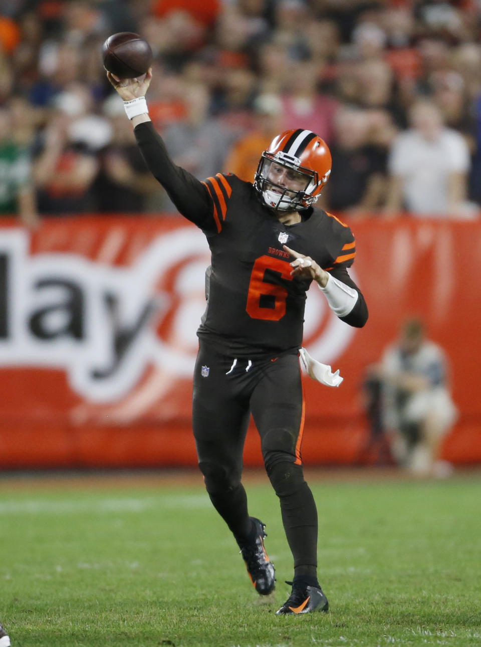 Cleveland Browns quarterback Baker Mayfield throws against the New York Jets during the first half of an NFL football game, Thursday, Sept. 20, 2018, in Cleveland. (AP Photo/Ron Schwane)