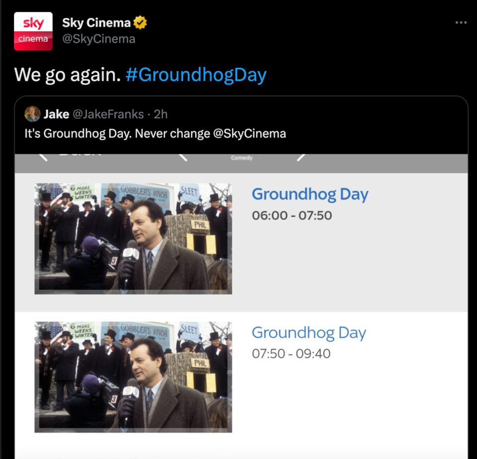 ‘Groundhog Day’ is being shown on loop on Sky Cinema (Twitter)