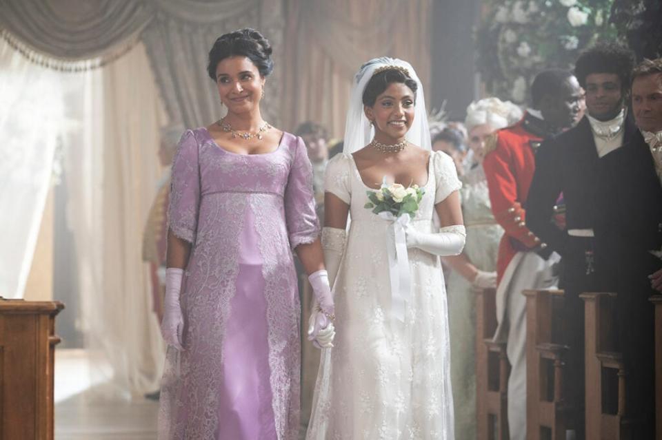 Shelley Conn as Mary Sharma, Charithra Chandran as Edwina Sharma in episode 206 of "Bridgerton" (Liam Daniel/Netflix)