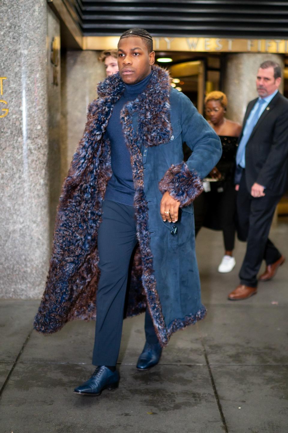 John Boyega leaving *The Tonight Show* wearing Sies Marjan, JOSEPH, and Club Monaco