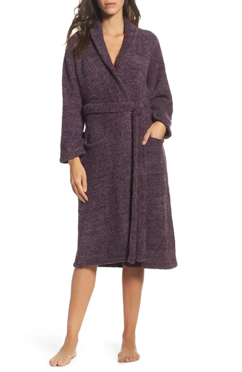 Model wears Barefoot Dreams CozyChic Unisex Robe in Amethyst/Plum Flint. 