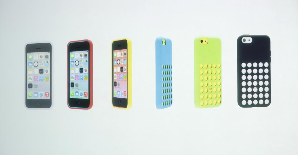 The five colors of the new iPhone 5C and the new case for the phone are seen at Apple Inc's media event in Cupertino