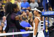 Sept 1, 2016; New York, NY, USA; Serena Williams of the USA (L) shakes hands with Vania King of USA (R) after their match on day four of the 2016 U.S. Open tennis tournament at USTA Billie Jean King National Tennis Center. Mandatory Credit: Robert Deutsch-USA TODAY Sports