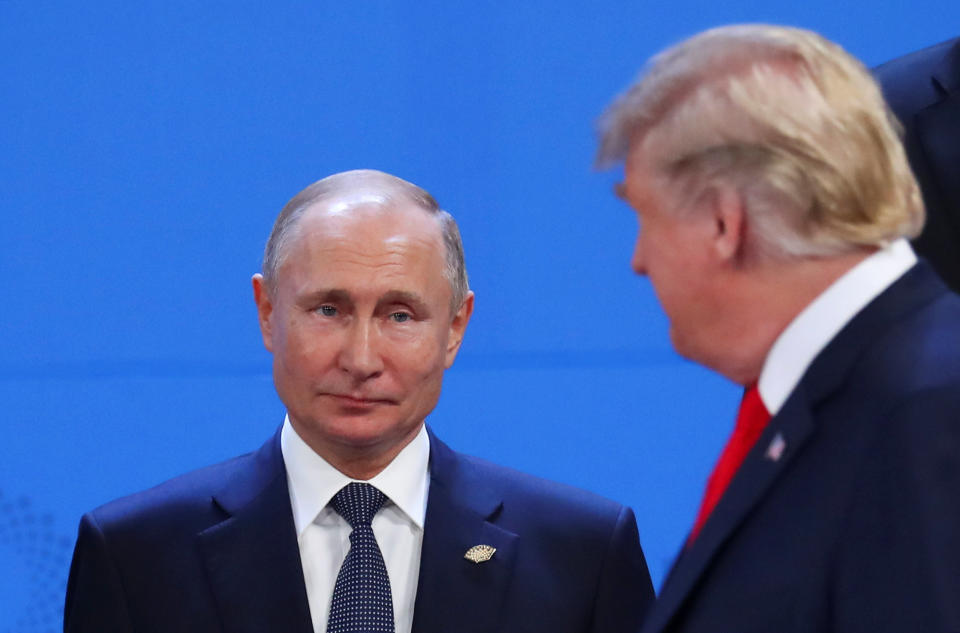 President Donald Trump and Russia's President Vladimir Putin are seen during the G-20&nbsp;summit in Buenos Aires, Argentina, on&nbsp;Friday. (Photo: Marcos Brindicci / Reuters)
