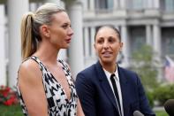 Penny Taylor and Diana Taurasi (right) speak with the media at the stakeout position outside the West Wing after a ceremony honoring the 2014 WNBA champion Phoenix Mercury in the East Room at the White House. Mandatory Credit: Geoff Burke-USA TODAY Sports