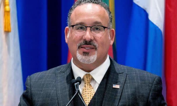 PHOTO: Secretary of Education Miguel Cardona speaks during the 2023 International Summit on the Teaching Profession in Washington, Apr. 26, 2023. (Stefani Reynolds/AFP via Getty Images)