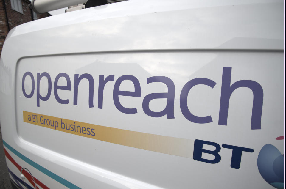 Light shining on the BT Openreach logo on Friday 20th March 2015 in Stockport. (Photo by Jonathan Nicholson/NurPhoto) (Photo by NurPhoto/NurPhoto via Getty Images)