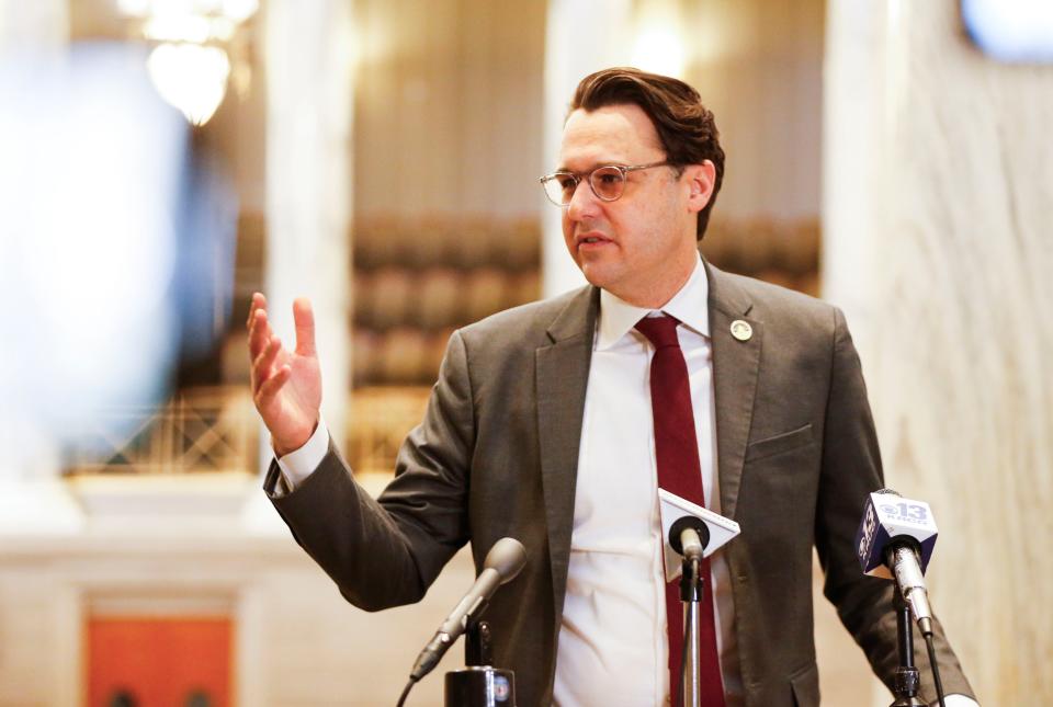 Senate Minority Floor Leader John Rizzo speaks at a press conference at the Missouri State Capitol Building on Thursday, Jan. 4, 2024.