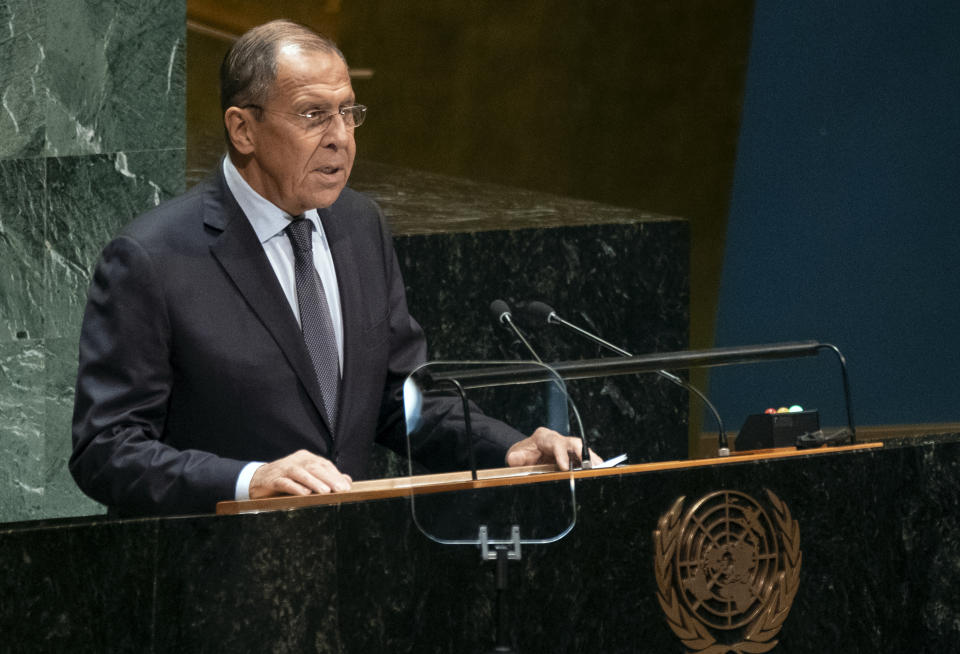 Russian Foreign Minister Sergey Lavrov addresses the 74th session of the United Nations General Assembly, Friday, Sept. 27, 2019, at the United Nations headquarters. (AP Photo/Craig Ruttle)