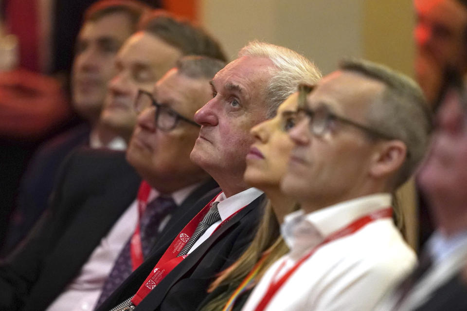Former Taoiseach Bertie Ahern, center, listens to speakers during the international conference to mark the 25th anniversary of the Belfast/Good Friday Agreement, at Queen's University Belfast, Wednesday April 19, 2023. (Brian Lawless/Pool Photo via AP)