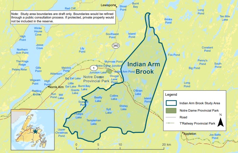 This map from the provincial government website shows the draft boundary of the Indian Arm Brook proposed protected area in Central Newfoundland.