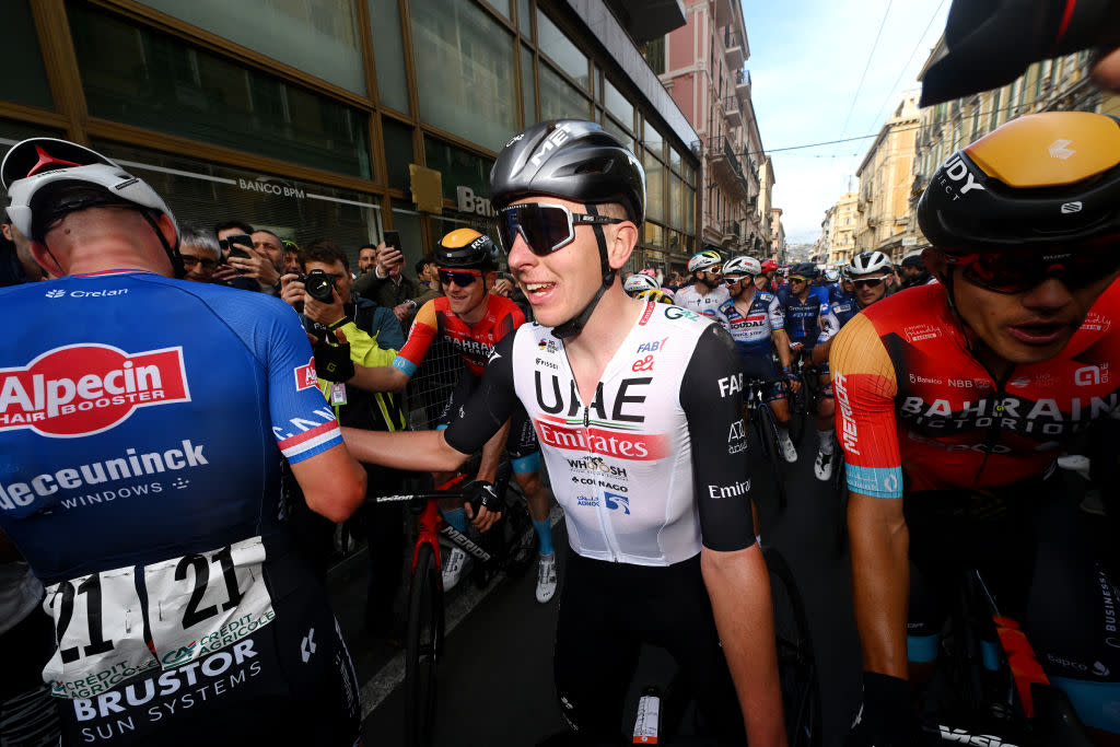  SANREMO ITALY  MARCH 18 Tadej Pogacar of Slovenia and UAE Team Emirates R congratulate to Mathieu Van Der Poel of The Netherlands and Team AlpecinDeceuninck L at the finish line during the 114th MilanoSanremo 2023 a 294km one day race from Abbiategrasso to Sanremo  MilanoSanremo  UCIWT  on March 18 2023 in Sanremo Italy Photo by Dario Belingheri  PoolGetty Images 