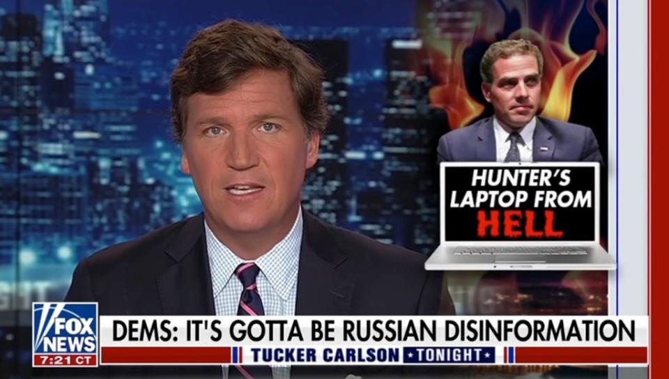 Tucker Carlson on his Fox show in March where he spoke about Hunter Biden’s laptop (Fox)