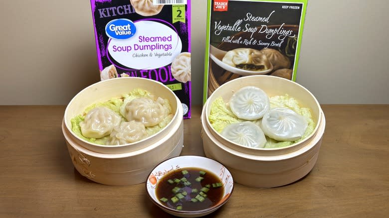 Great Value steamed soup dumplings and Trader Joe's vegetable soup dumplings