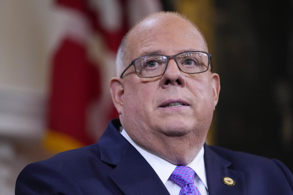 FILE - Maryland Gov. Larry Hogan addresses supporters at the Maryland statehouse, Jan. 10, 2023, in Annapolis, Md. Republicans hoping to pick up an open U.S. Senate seat in deep blue Maryland have the most competitive candidate they’ve had in decades. But Hogan will need more than GOP support at a time when Democrats' outrage remains high about the Supreme Court’s decision to strike down constitutional protections for abortion. (AP Photo/Julio Cortez, File)