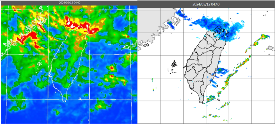 今晨4：40紅外線色調強化雲圖顯示，台灣上空中高雲逐漸增多（左圖）；4：40雷達回波合成圖顯示，北部有微弱降水回波（右圖）。（翻攝自「三立準氣象.老大洩天機」）