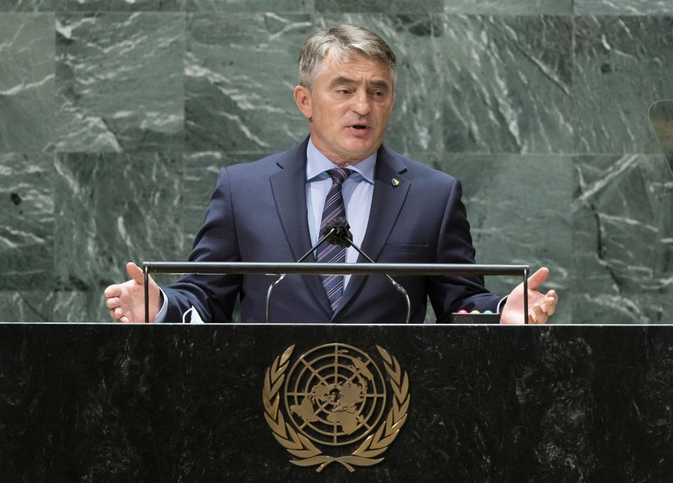 Bosnia and Herzegovina's President Zeljko Komsic addresses the 76th Session of the U.N. General Assembly at United Nations headquarters in New York, on Wednesday, Sept. 22, 2021. (Justin Lane/Pool Photo via AP)