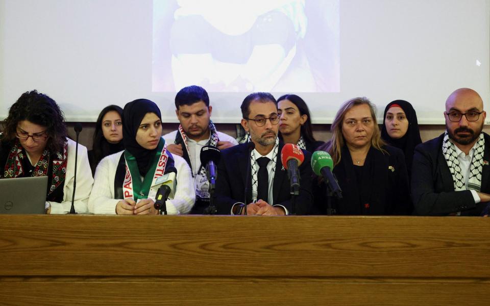 Palestinians who have relatives in Gaza speak to media after meeting Pope Francis in Rome