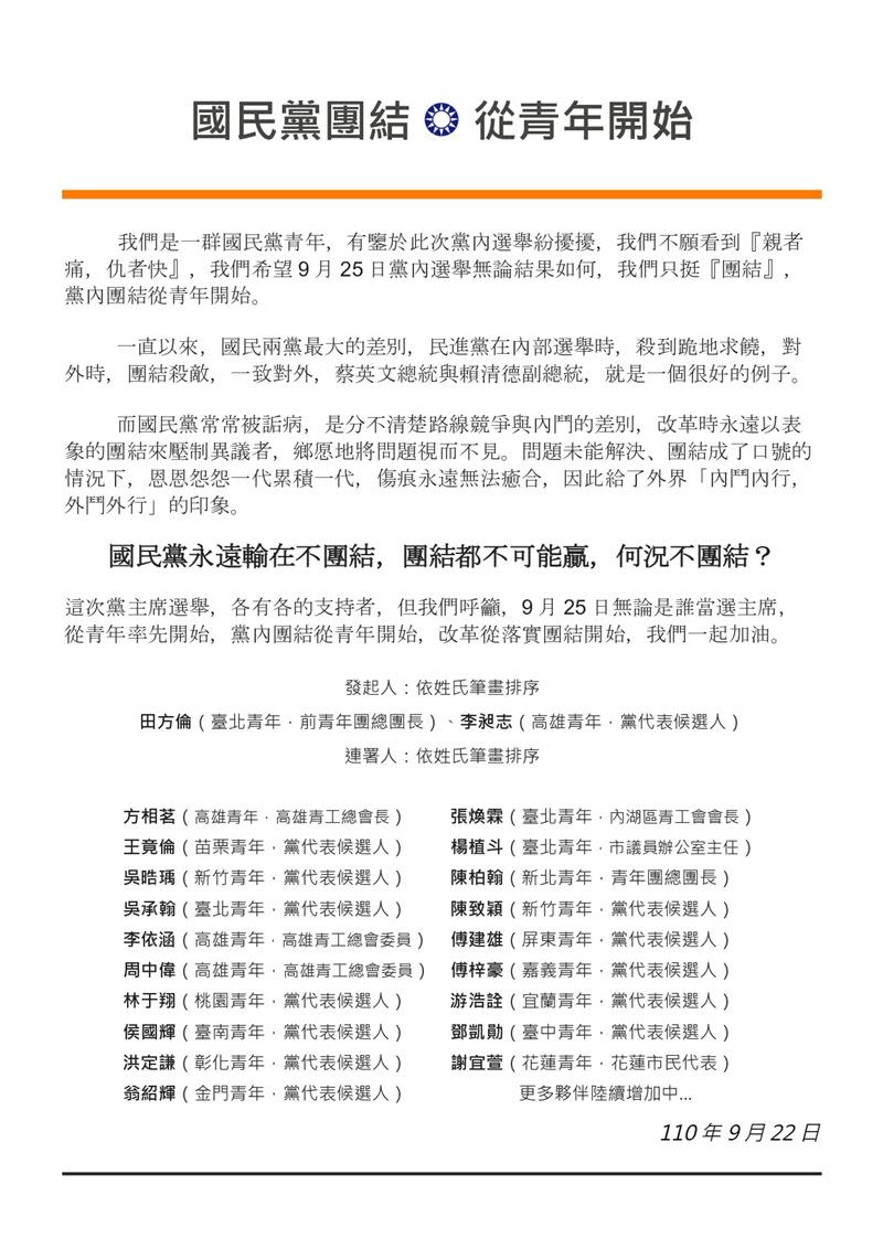 國民黨青年連署聲明：國民黨永遠輸在不團結（圖／翻攝自李昶志臉書）