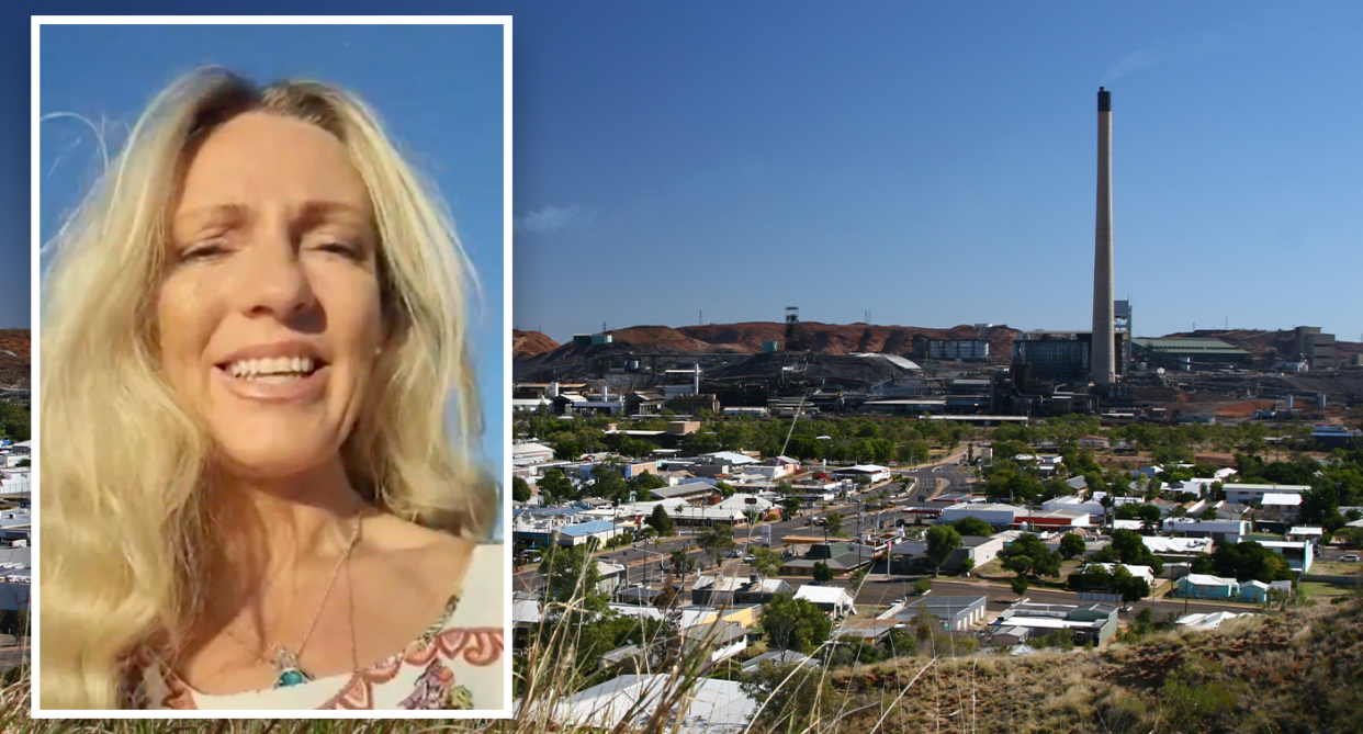 British nurse Kelly Wainwright inset over the top of a still of Mt Isa in Queensland. 