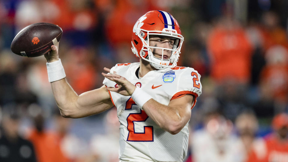 Clemson quarterback Cade Klubnik (2) throws against North Carolina during the Atlantic Coast Conference championship NCAA college football game on Saturday, Dec. 3, 2022, in Charlotte, N.C. (AP Photo/Jacob Kupferman)