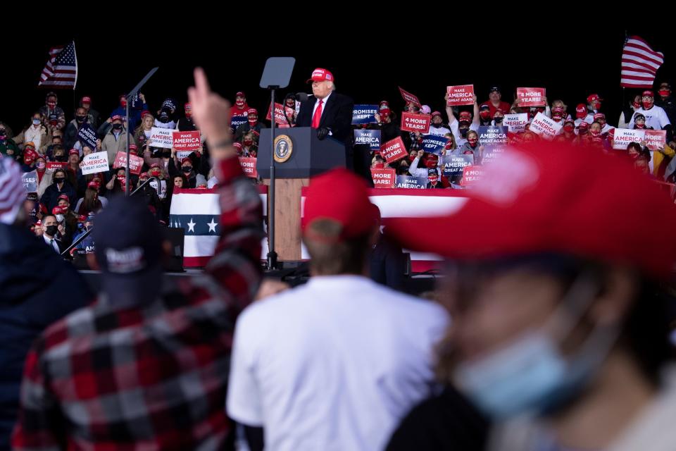 President Donald Trump speaks during a rally at Hickory Regional Airport in Hickory, N.C., on Nov. 1, 2020.