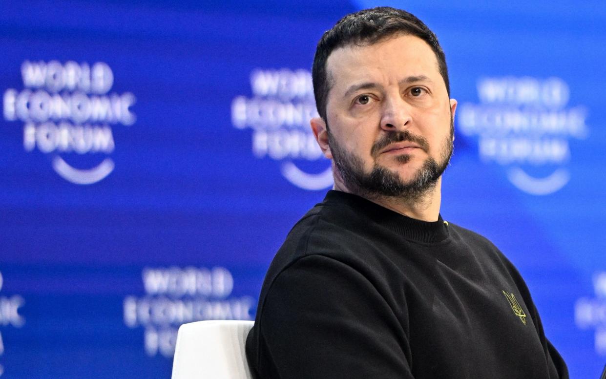 Ukrainian President Volodymyr Zelensky looks on during a plenary session in the Congress Hall at the 54th annual meeting of the World Economic Forum