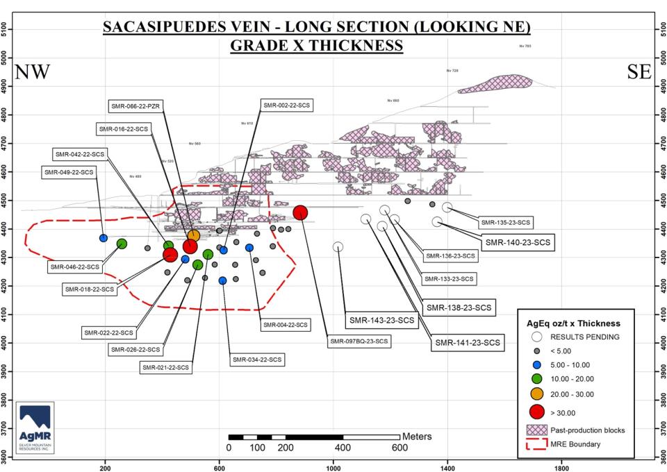 Longitudinal section of the Sacasipuedes vein showing grade-thickness values