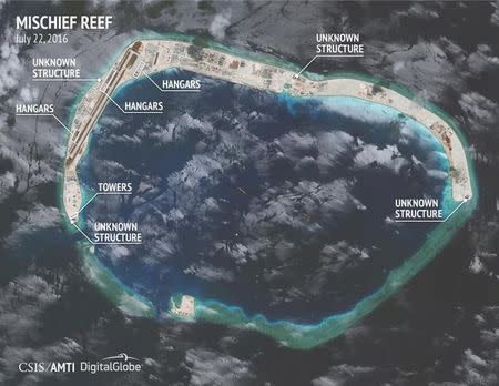 A view shows construction on Mischief Reef in the Spratly islands, in the disputed South China Sea in this July 22, 2016 satellite image released by the Asian Maritime Transparency Initiative at Center for Strategic and International Studies (CSIS) to Reuters on August 9, 2016. CSIS Asia Maritime Transparency Initiative/DigitalGlobe/Handout via REUTERS