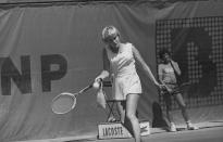 14 Jun 1976: English Tennis player Sue Barker on her way to victory in the French Championships. She beat Russian Renata Tomanova in three sets. Mandatory Credit: Allsport Hulton/Archive