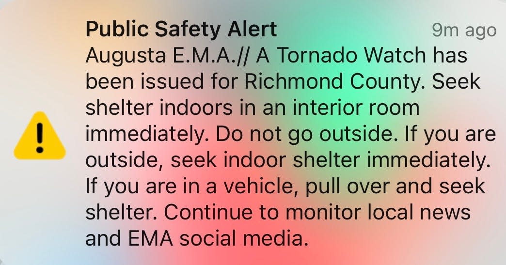 Augusta EMA issued a public safety alert Tuesday morning after a tornado watch was issued for the Augusta area.