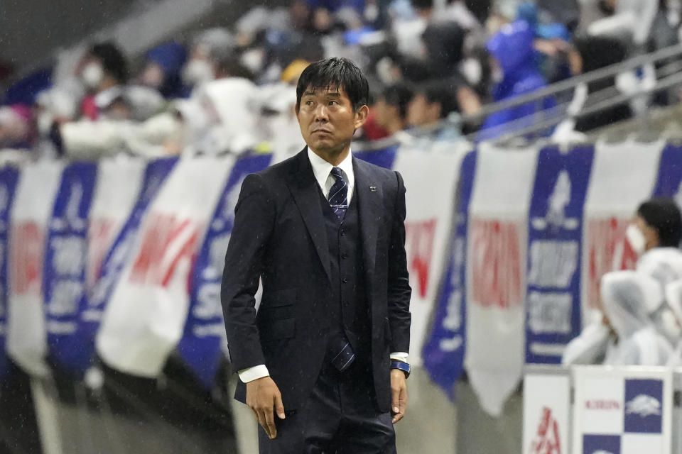 Japan's head coach Hajime Moriyasu during the Kirin Cup soccer tournament against Tunisia in Suita, west Japan, Tuesday, June 14, 2022. (AP Photo/Eugene Hoshiko)