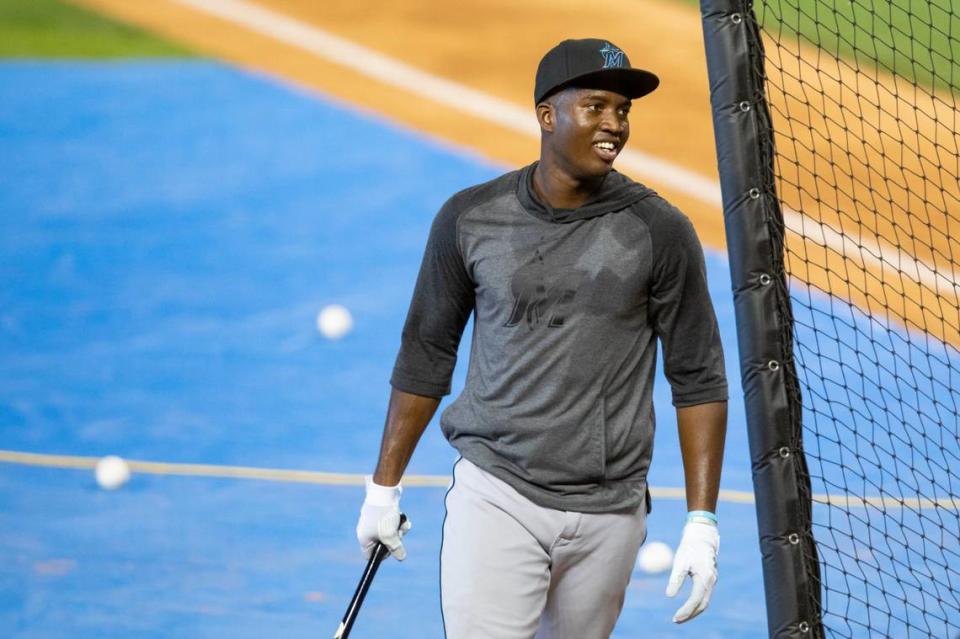 Marlins outfielder Jesus Sanchez during the third day of Marlins training camp at Marlins Park in Little Havana, Florida on Saturday, July 4, 2020.