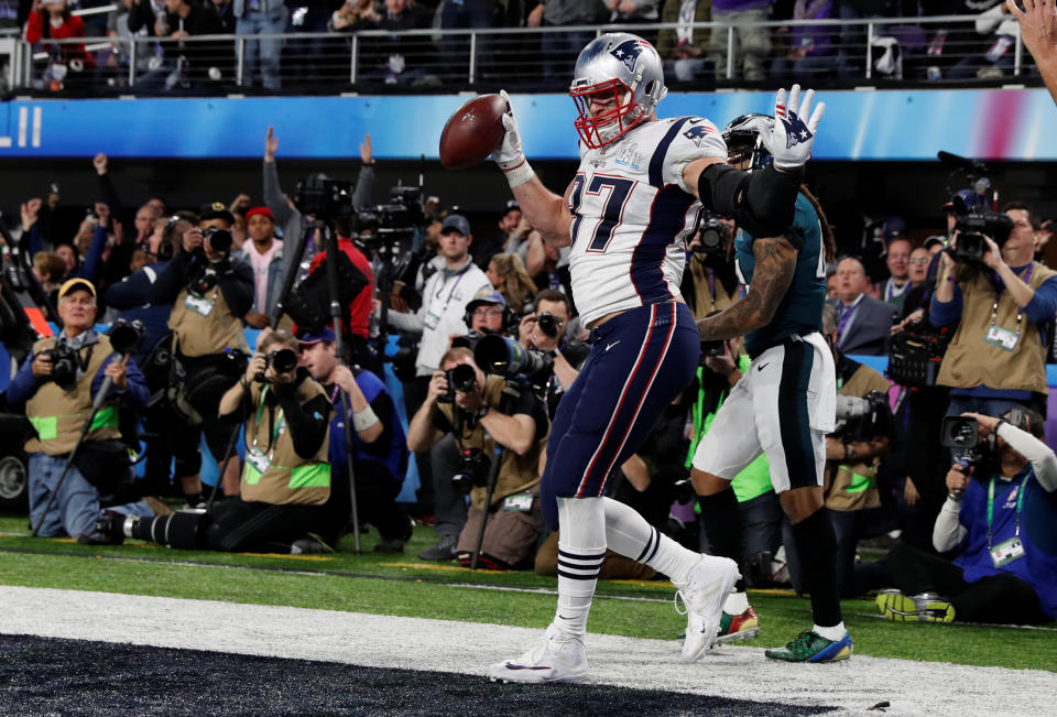 <p>New England Patriots’ Rob Gronkowski celebrates scoring a touchdown REUTERS/Kevin Lamarque </p>