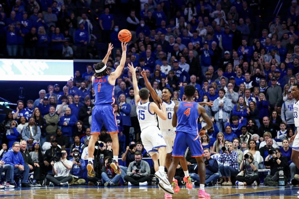 Florida guard Walter Clayton Jr. (1) made a 3-pointer in the closing seconds of regulation to force overtime against Kentucky at Rupp Arena on Jan. 31. Clayton made seven 3-pointers in Florida’s OT win.