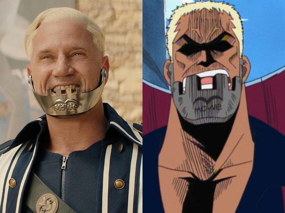 left: langley kirkwood as captain morgan, a man with close cropped blonde hair and a metal jaw; right: captain morgan in the one piece anime