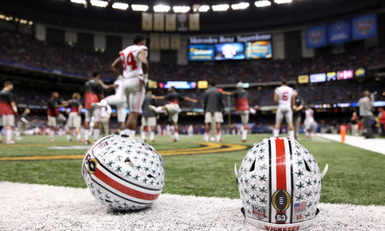 Two Ohio State football helmets