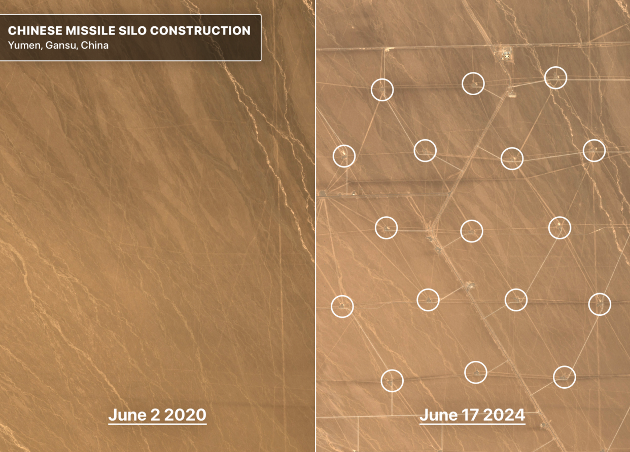 <span class="copyright">Federation of American Scientists (site identification - fas.org/publication/a-closer-look-at-chinas-missile-silo-construction) and the European Union (Copernicus Sentinel data 2020 and 2024, processed with EO Browser). Coordinates: 40.288, 96.487. </span>