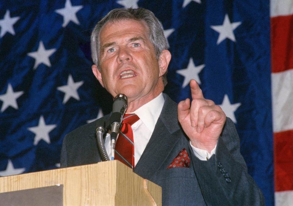 Then-Presidential candidate Pat Robertson speaks in Houston, Feb. 27, 1988 as part of the Conservative Action Conference in which he participated in a debate. Robertson, a religious broadcaster who turned a tiny Virginia station into the global Christian Broadcasting Network, tried a run for president and helped make religion central to Republican Party politics in America through his Christian Coalition, has died. He was 93. Robertson's death Thursday, June 8, 2023 was announced by his broadcasting network. (AP Photo/Pam MacDonald)