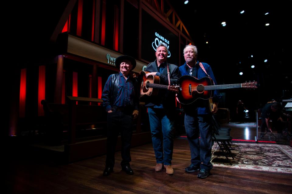 Charlie McCoy, Vince Gill and Don Schlitz stand together after both McCoy and Schlitz were invited to become a members of the Grand Ole Opry at Grand Ole Opry House in Nashville , Tenn., Saturday, June 11, 2022.