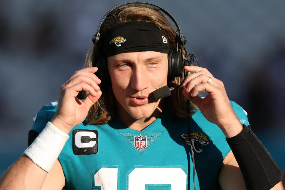 JACKSONVILLE, FLORIDA - JANUARY 09: Trevor Lawrence #16 of the Jacksonville Jaguars speaks to the media after a win over the Indianapolis Colts at TIAA Bank Field on January 09, 2022 in Jacksonville, Florida. (Photo by Sam Greenwood/Getty Images)