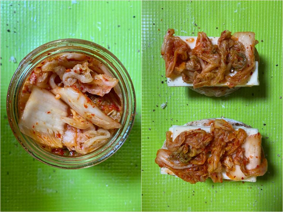 A side by side photo of the kimchi container and the kimchi layered on top of the cheese.