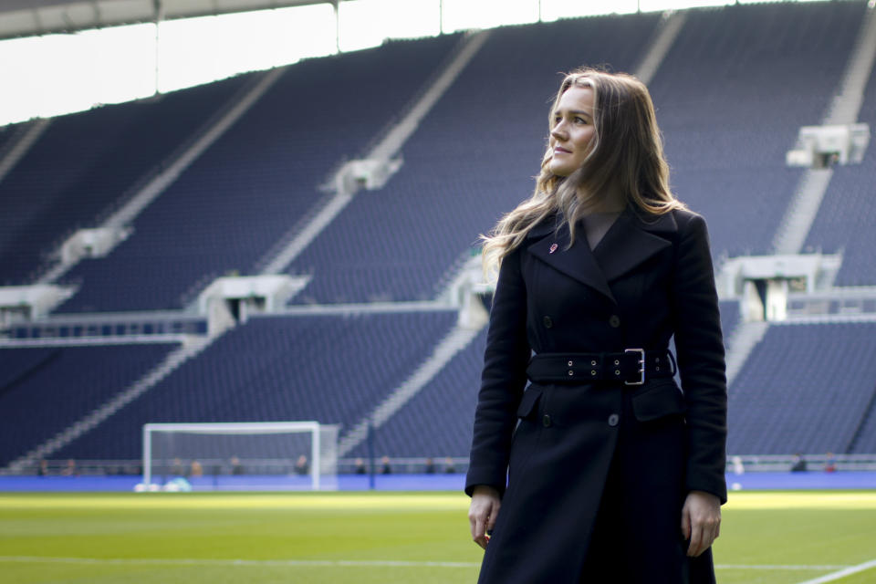 Commentator Pien Meulensteen poses for a photo ahead of the English Premier League soccer match between Tottenham Hotspur and Leeds United at the Tottenham Hotspur Stadium in London, Saturday, Nov. 12, 2022. The World Cup will sound different this year. Jacqui Oatley will become the first woman play-by-play commentator for U.S. World Cup telecasts, heading one of Fox's five broadcast teams for the tournament in Qatar that opens Sunday. Pien Meulensteen, Vicki Sparks and Robyn Cowen are among the broadcasters for matches on BBC in Britain. (AP Photo/David Cliff)